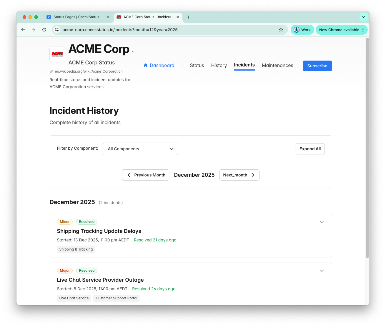 Incident history screenshot