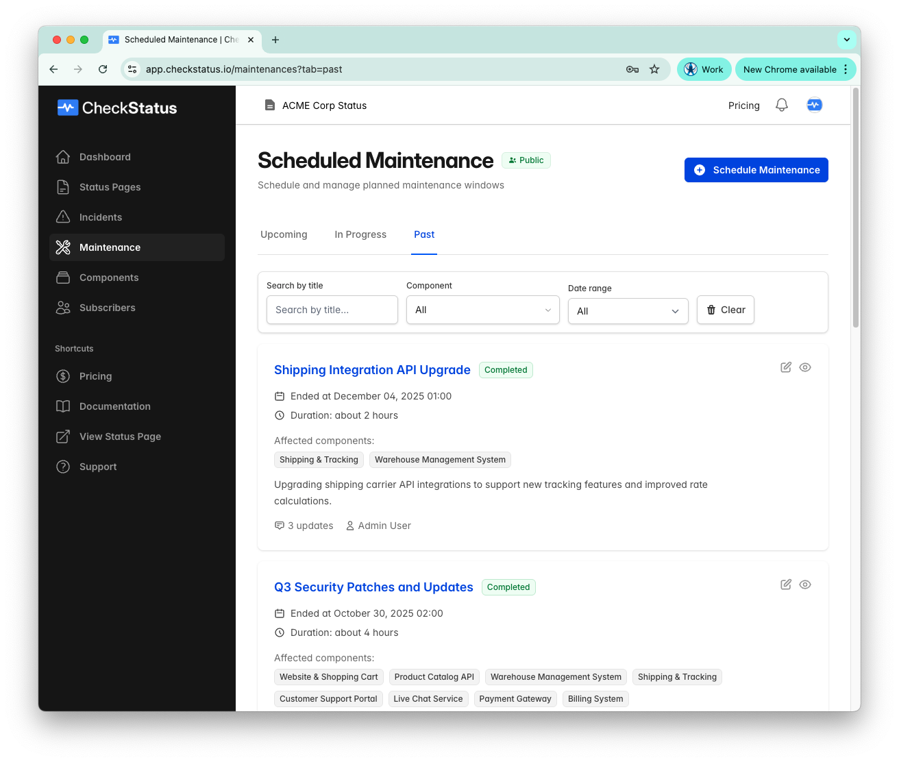 Scheduled maintenance screenshot